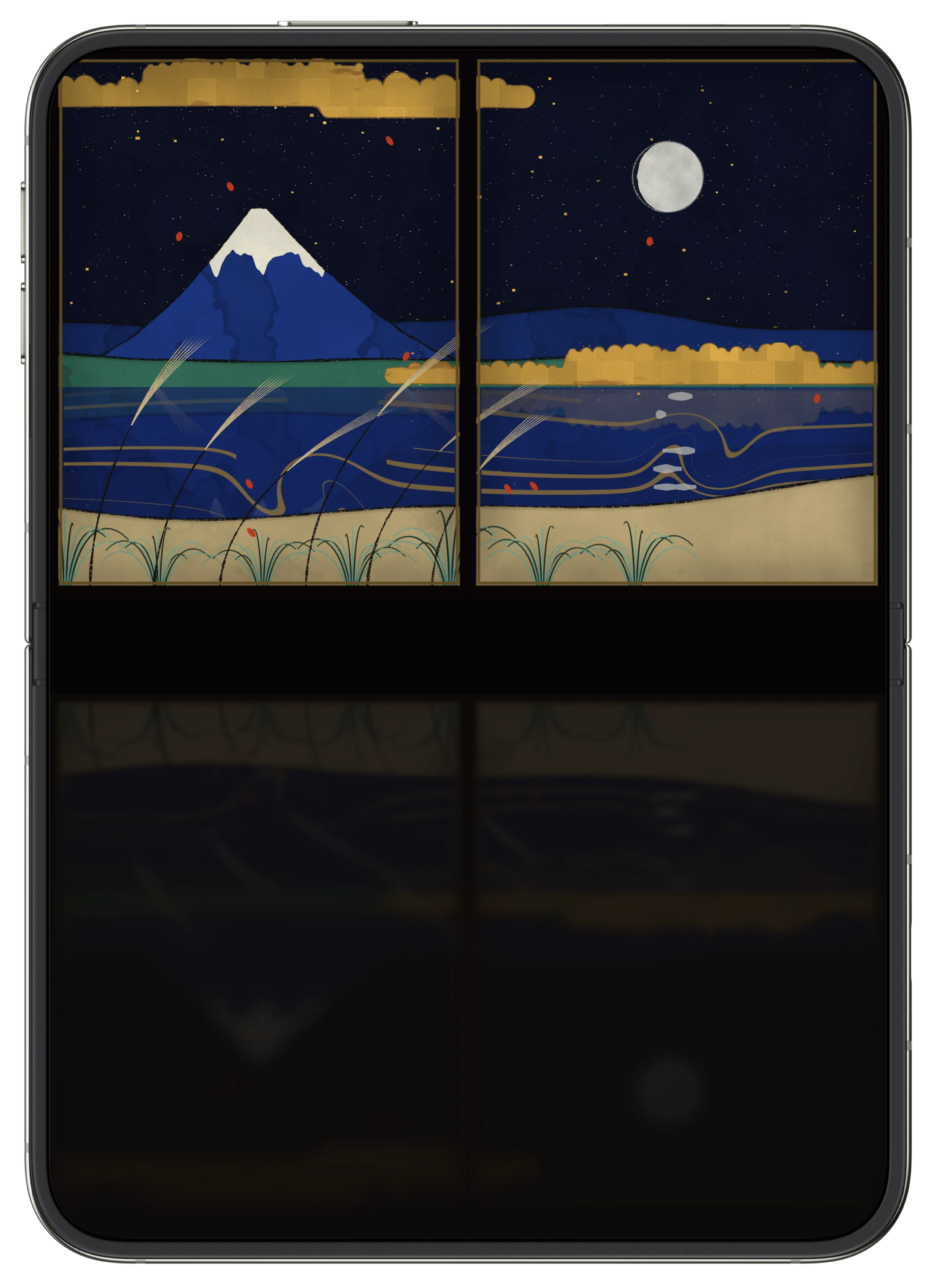 横に持った iPhone Duo。上の画面に富士と湖の屏風、下の画面の黒漆の床にその絵が映る