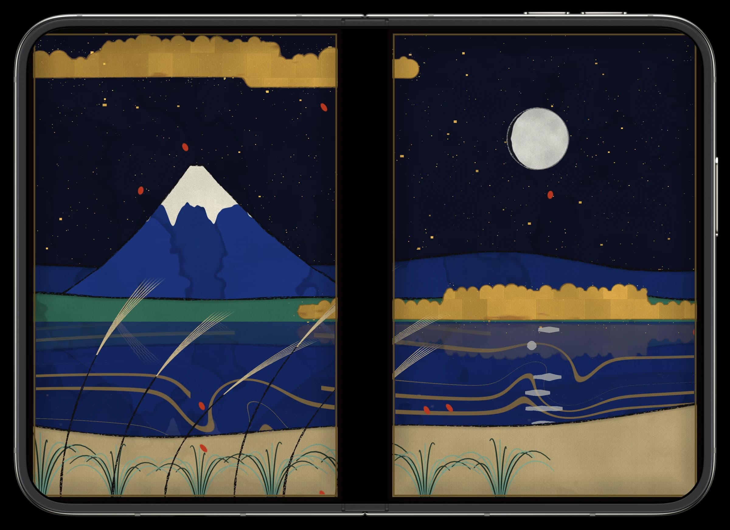 ひらいた iPhone Duo に、富士と湖の秋の屏風絵と満ちかけた月